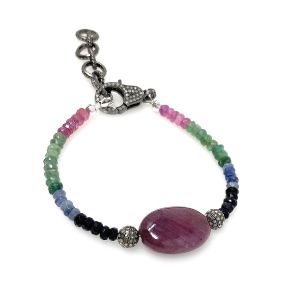 Natural Ruby, Emerald and Sapphire Pave Diamond Bracelet - Picture 8 of 9